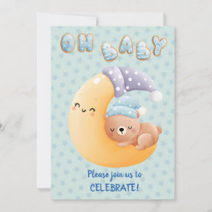 Cute Sleepy Bear on Moon Baby Boy Shower Invitation