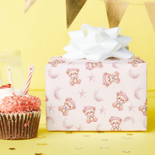 Cute Sleepy Bear with Moon and Stars Seamless Wrapping Paper