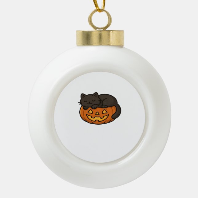 Cute Sleepy Black Cat on a Pumpkin Halloween Essen Ceramic Ball Christmas Ornament (Front)