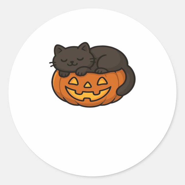 Cute Sleepy Black Cat on a Pumpkin Halloween Essen Classic Round Sticker (Front)