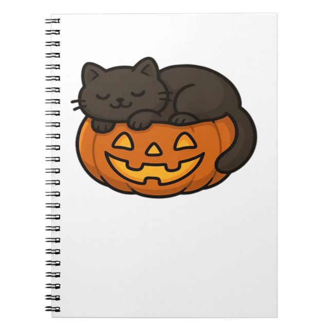 Cute Sleepy Black Cat on a Pumpkin Halloween Essen Notebook (Front)