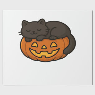 Cute Sleepy Black Cat on a Pumpkin Halloween Essen Wrapping Paper
