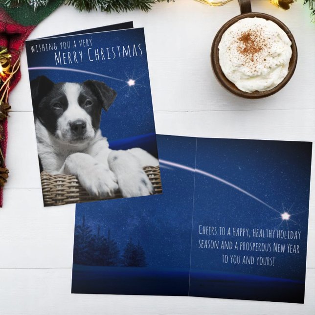 Cute Sleepy Black White Puppy Starry Sky Custom Holiday Card (cover and inside template text Christmas greeting card)