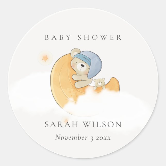 Cute Sleepy Blue Bear Over Moon Boy Baby Shower Classic Round Sticker (Front)