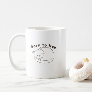 Cute Sleepy Cat “Born to Nap” Line Art Design Coffee Mug