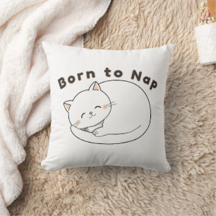 Cute Sleepy Cat “Born to Nap” Line Art Design Cushion
