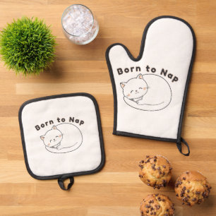 Cute Sleepy Cat “Born to Nap” Line Art Design Oven Mitt & Pot Holder Set