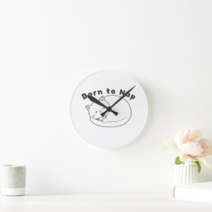 Cute Sleepy Cat “Born to Nap” Line Art Design Round Clock