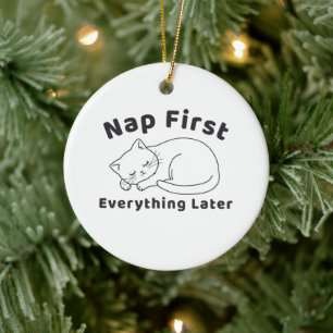 Cute Sleepy Cat “Nap First” Line Art Design Ceramic Ornament