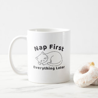 Cute Sleepy Cat “Nap First” Line Art Design Coffee Mug