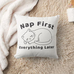 Cute Sleepy Cat “Nap First” Line Art Design Cushion