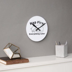 Cute Sleepy Cat “Nap First” Line Art Design Round Clock
