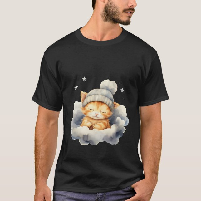 Cute Sleepy Cat on Cloud Winter Beanie Art ✨🐾☁️ T-Shirt (Front)
