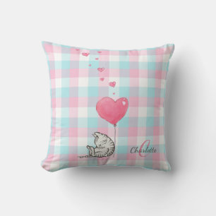 Cute Sleepy Cat Pink Blue Monogram  Cushion
