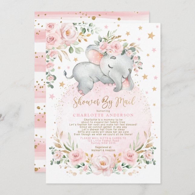 Cute Sleepy Elephant Pink Gold Baby Shower By Mail Invitation (Front/Back)