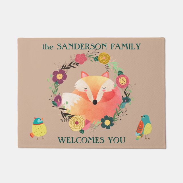 Cute Sleepy Fox in Floral Wreath Doormat (Front)