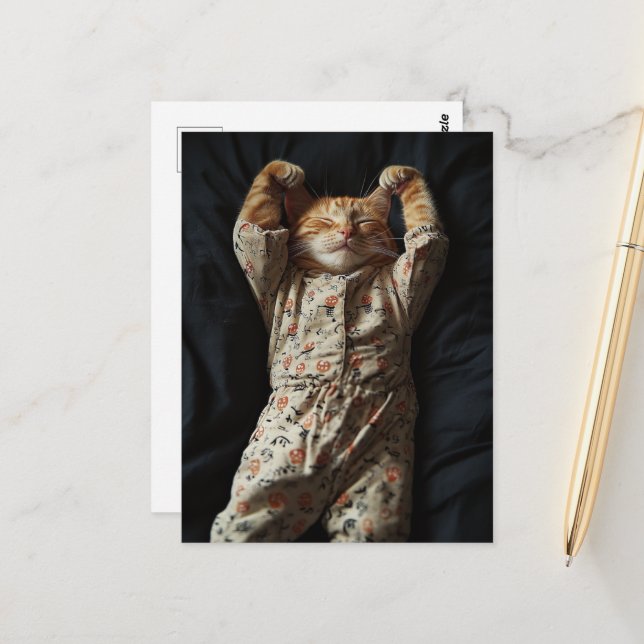 Cute Sleepy Ginger Kitty in PJs Postcard (Front/Back In Situ)