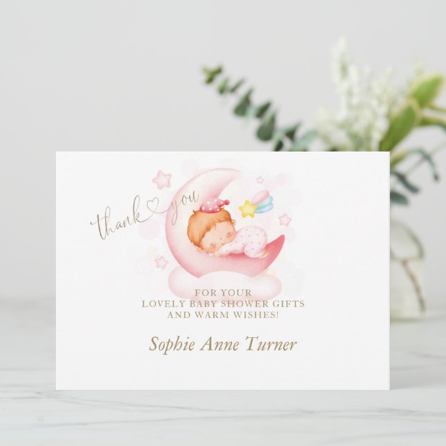 Cute Sleepy Girl Moon Baby Shower Calligraphy  Thank You Card (Standing Front)