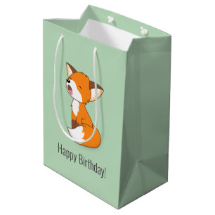 Cute Sleepy Little Fox Birthday Green Medium Gift Bag