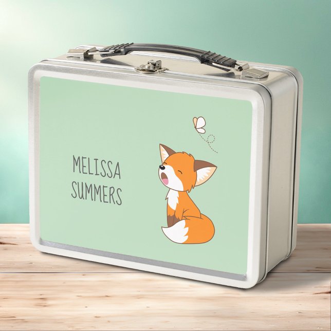 Cute Sleepy Little Fox on Green Metal Lunch Box (Creator Uploaded)
