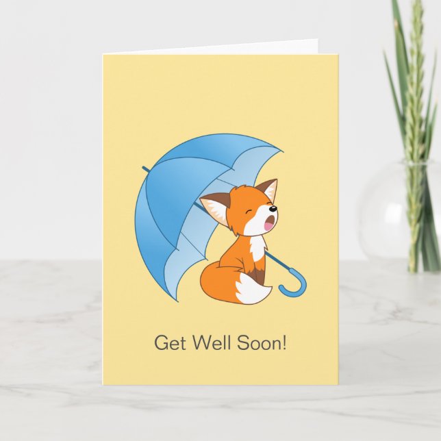 Cute Sleepy Little Fox Umbrella Get Well Soon Card (Front)