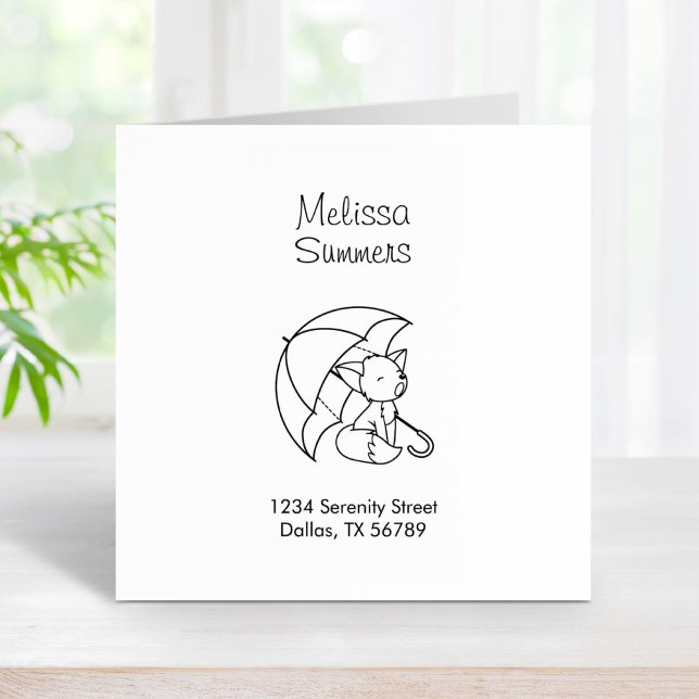 Cute Sleepy Little Fox under Umbrella Address Rubber Stamp (Creator Uploaded)