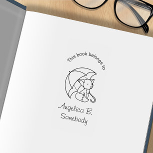 Cute Sleepy Little Fox under Umbrella Bookplate Rubber Stamp