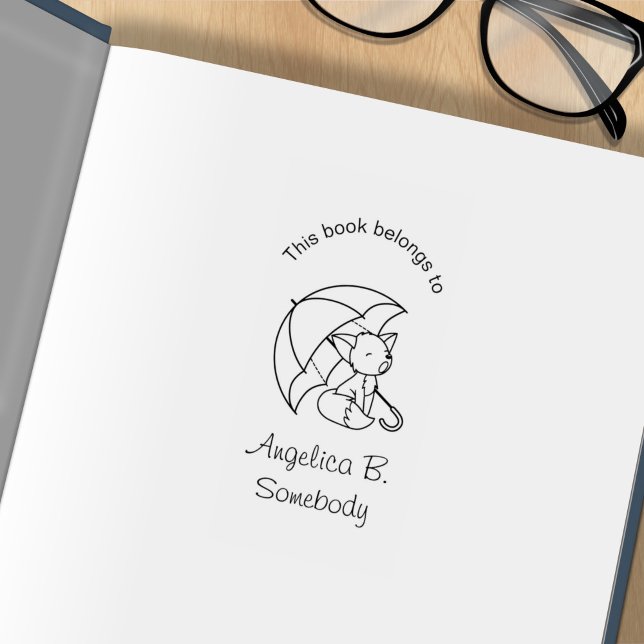 Cute Sleepy Little Fox under Umbrella Bookplate Rubber Stamp (Creator Uploaded)