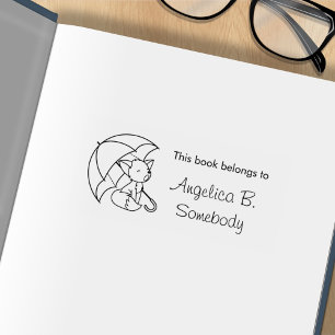 Cute Sleepy Little Fox under Umbrella Bookplate Rubber Stamp