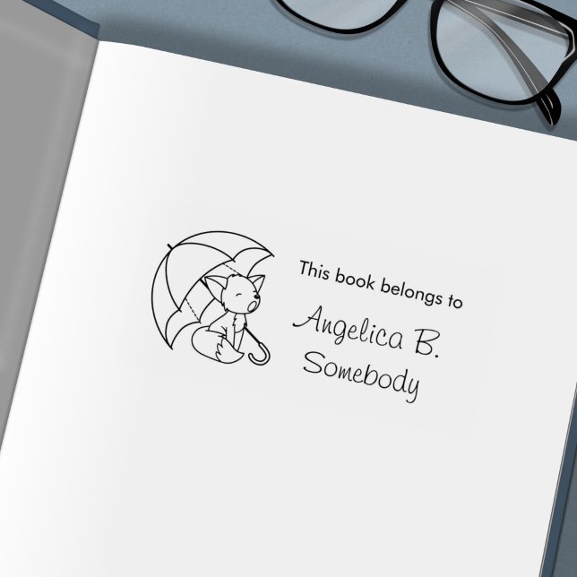 Cute Sleepy Little Fox under Umbrella Bookplate Self-inking Stamp (Creator Uploaded)