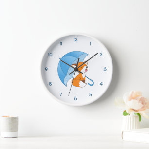 Cute Sleepy Little Fox under Umbrella Clock