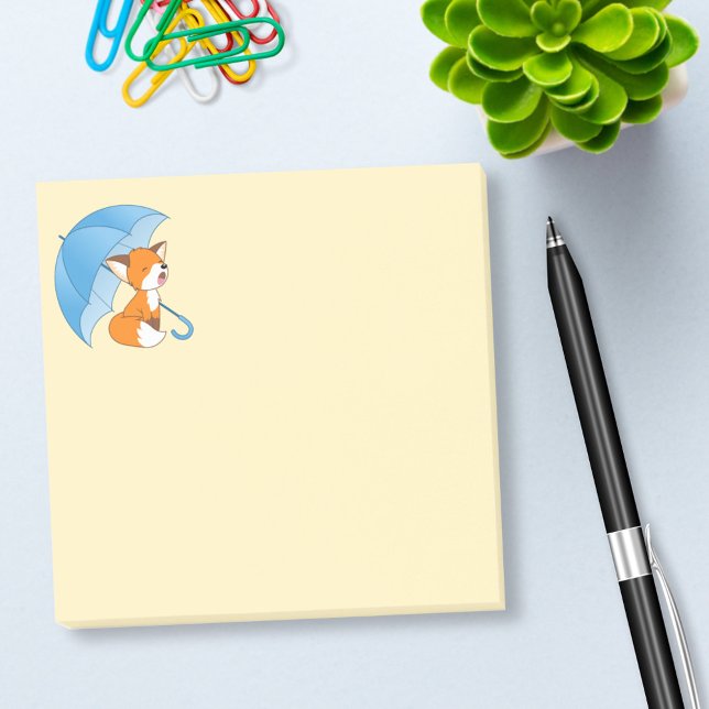 Cute Sleepy Little Fox under Umbrella on Yellow Post-it Notes (Creator Uploaded)