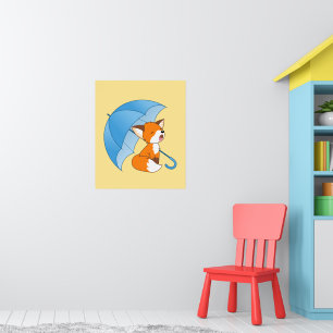 Cute Sleepy Little Fox under Umbrella Poster