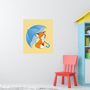 Cute Sleepy Little Fox under Umbrella Poster