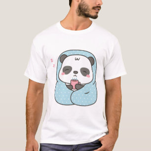 Cute Sleepy Little Panda With Coffee and Blanket T-Shirt