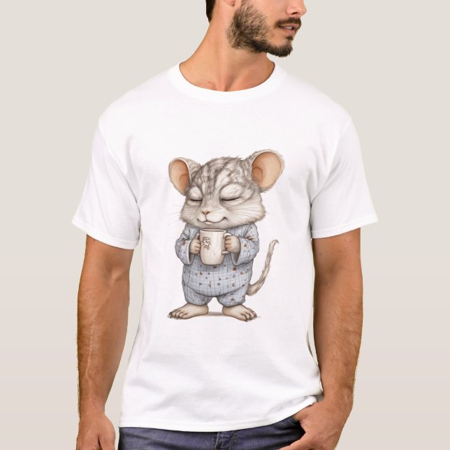 Cute Sleepy Mouse in Pyjamas Holding Coffee Mug –  T-Shirt (Front)