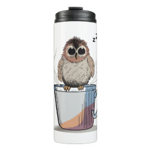 Cute Sleepy Owl Coffee Sketch Thermal Water Bottle