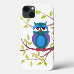 Cute sleepy owl on a tree cartoon iPhone 13 case