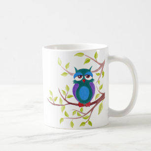 Cute sleepy owl on a tree cartoon coffee mug
