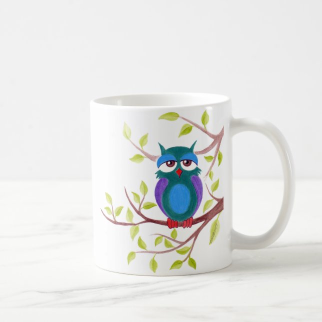 Cute sleepy owl on a tree cartoon coffee mug (Right)