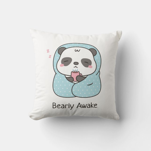 Cute Sleepy Panda Cosy in Blanket throw pillow (Front)