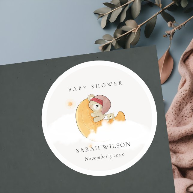 Cute Sleepy Pink Bear Over Moon Girl Baby Shower Classic Round Sticker (Creator Uploaded)