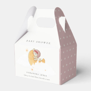 Cute Sleepy Pink Bear Over Moon Girl Baby Shower Favour Box