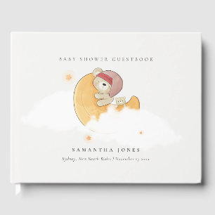 Cute Sleepy Pink Bear Over Moon Girl Baby Shower Guest Book