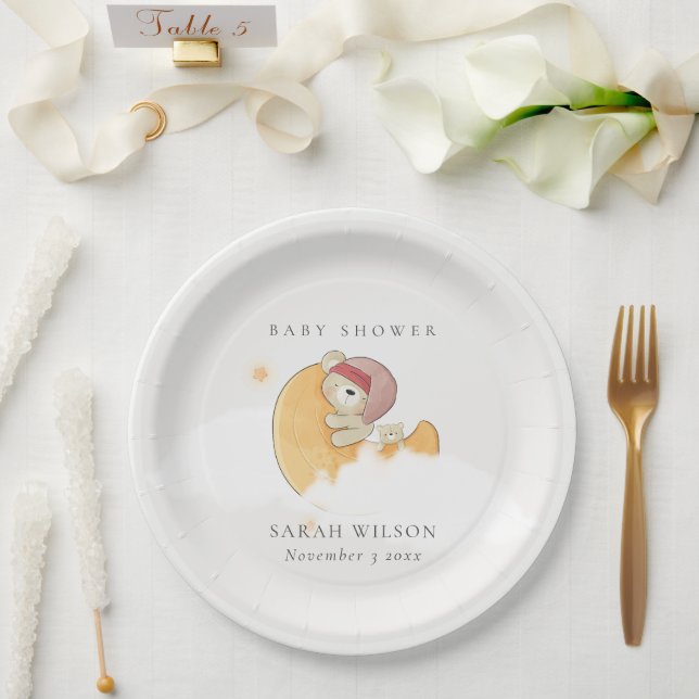 Cute Sleepy Pink Bear Over Moon Girl Baby Shower Paper Plate (Wedding)