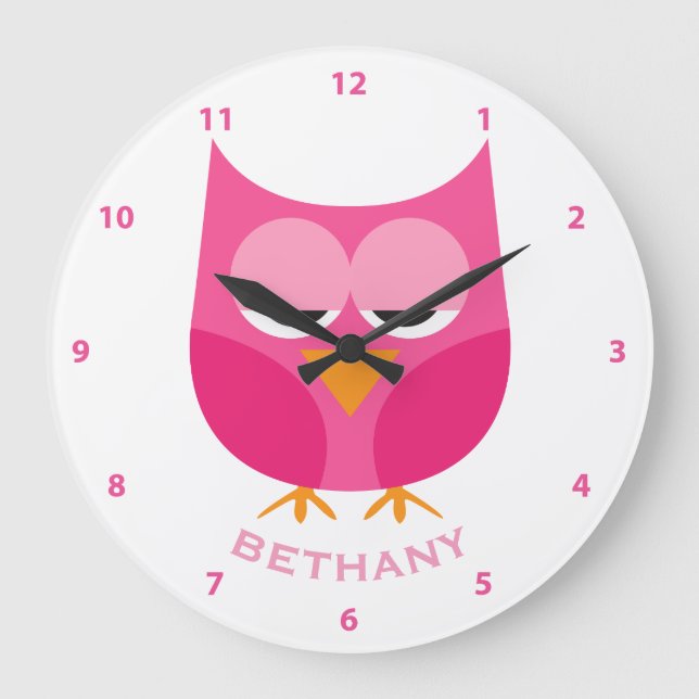 Cute Sleepy Pink Owl Personalised With Numbers Large Clock (Front)