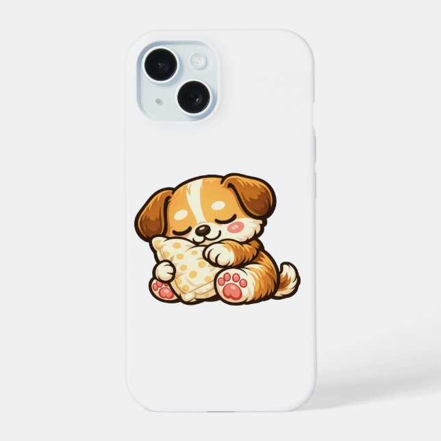 Cute Sleepy Puppy with Pillow iPhone 15 Case (Back)