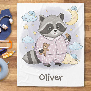 Cute Sleepy Racoon with Pyjamas Fleece Blanket