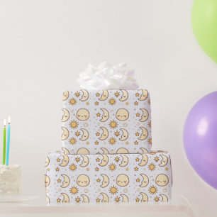 Cute Sleepy Sun Moon Stars Celestial Wrapping Paper