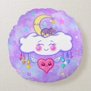 Cute Sleepy Time Kawaii Happy Heart Round Pillow